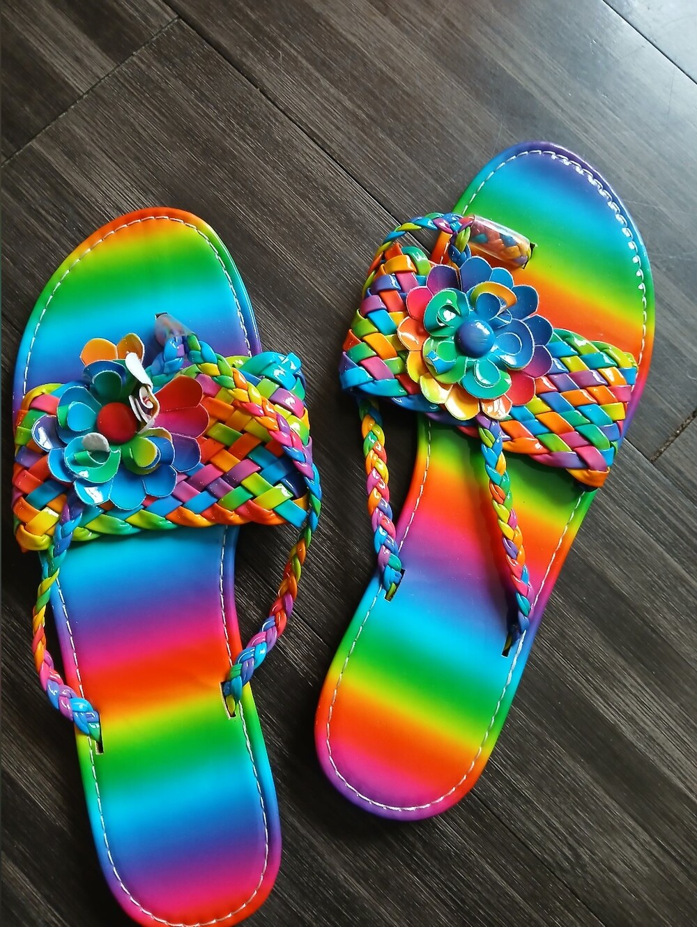 Neon Rainbow Colored Floral Sandals- Size 10